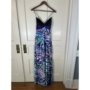 Vintage Cache Artsy Full Length Formal Dress Womens Size 4 Purple Blue Black Y2K